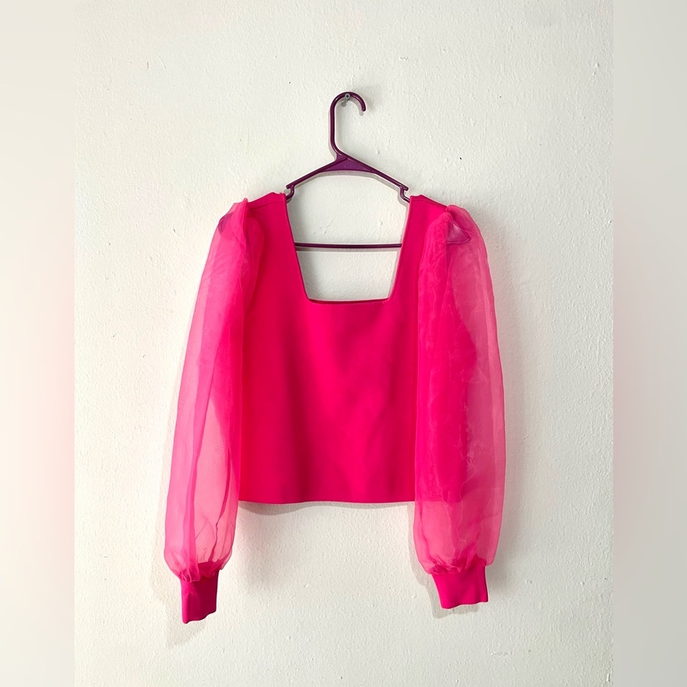House of Harlow 1960 Hot Pink Puff-Sleeve Square Neck Top Size Large - Picture 2 of 8